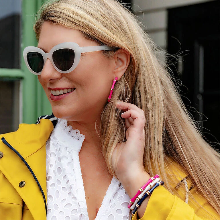 Celeste Pink Enamel Bamboo Hoop Earrings 2 Celeste Pink Enamel Bamboo Hoop Earrings - Image 2