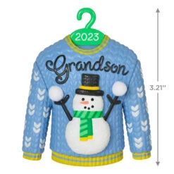 Hallmark Grandson Christmas Sweater 2023 Ornament -Hallmark Sales Grandson Snowman Sweater 2023 Keepsake Ornament 1399QGO2557 03