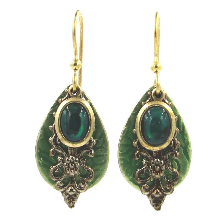 Green Stone And Filigree Layered Metal Drop Earrings 1 Green Stone And Filigree Layered Metal Drop Earrings