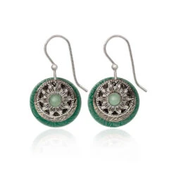 Silver Forest Green Stone And Silver-Tone Metal Flower Layered Drop Earrings